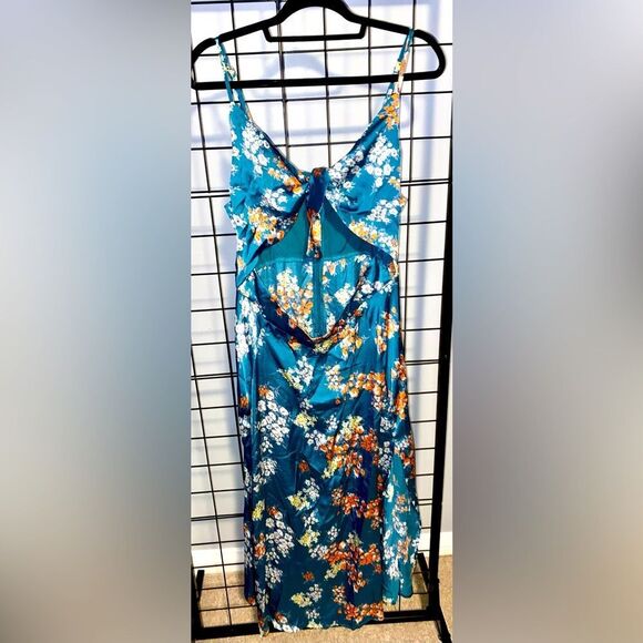 Teal and floral front cut out maxi dress with split hem NWOT - Picture 1 of 9